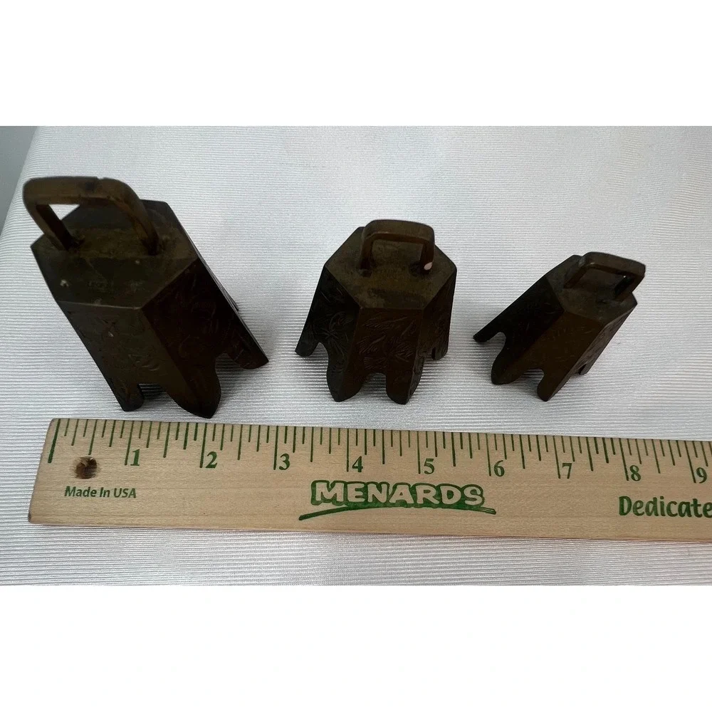 Vintage Bells of Sarna India Brass Bells Set of 3 Etched Floral Graduated